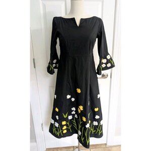 Eshakti Wayward Fancies Yellow Floral Embroidered Knit Midi Black Dress S